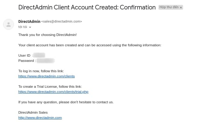 mail xác nhận đăng ký tài khoản direct admin thành công