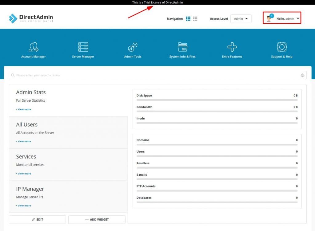 Giao diện đăng nhập sau khi cài đặt directadmin