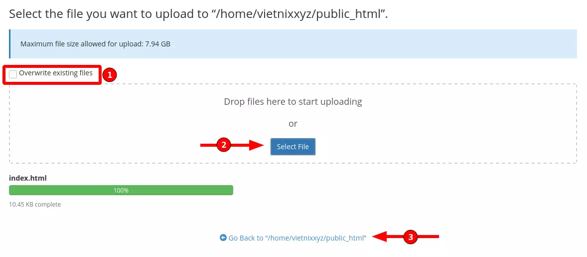 Chọn file cần upload lên cPanel