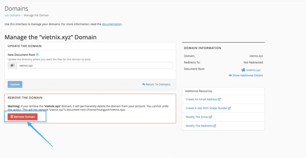 Nhấn Remove Domain