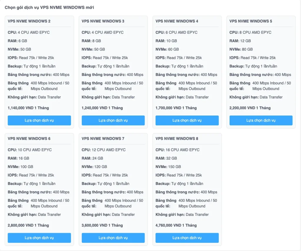 Chọn dịch vụ muốn nâng cấp