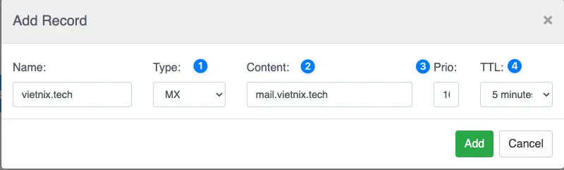 Nhập thông tin bản ghi MX