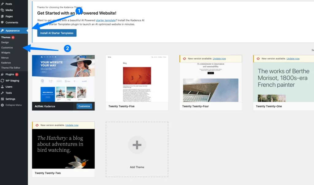 Truy cập mục Customize từ menu Appearance