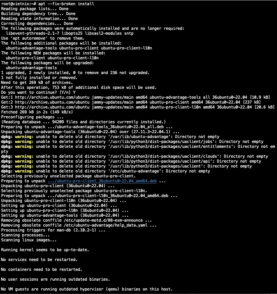 Quá trình thực thi lệnh apt --fix-broken install để hệ thống tự động sửa chữa các gói cài đặt bị lỗi