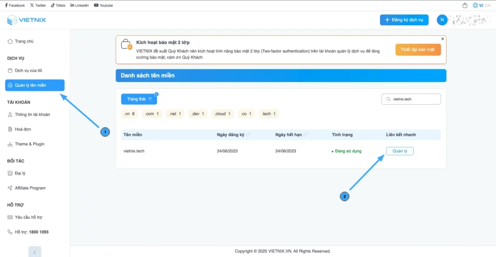 Truy cập khu vực quản lý DNS