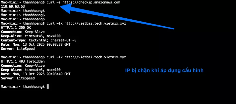 Kết quả IP bị chặn khi áp dụng cấu hình 