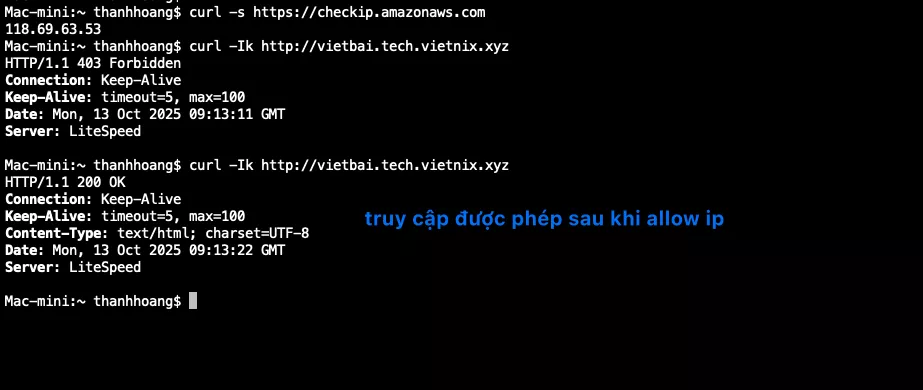 Kết quả IP được phép sẽ truy cập bình thường 