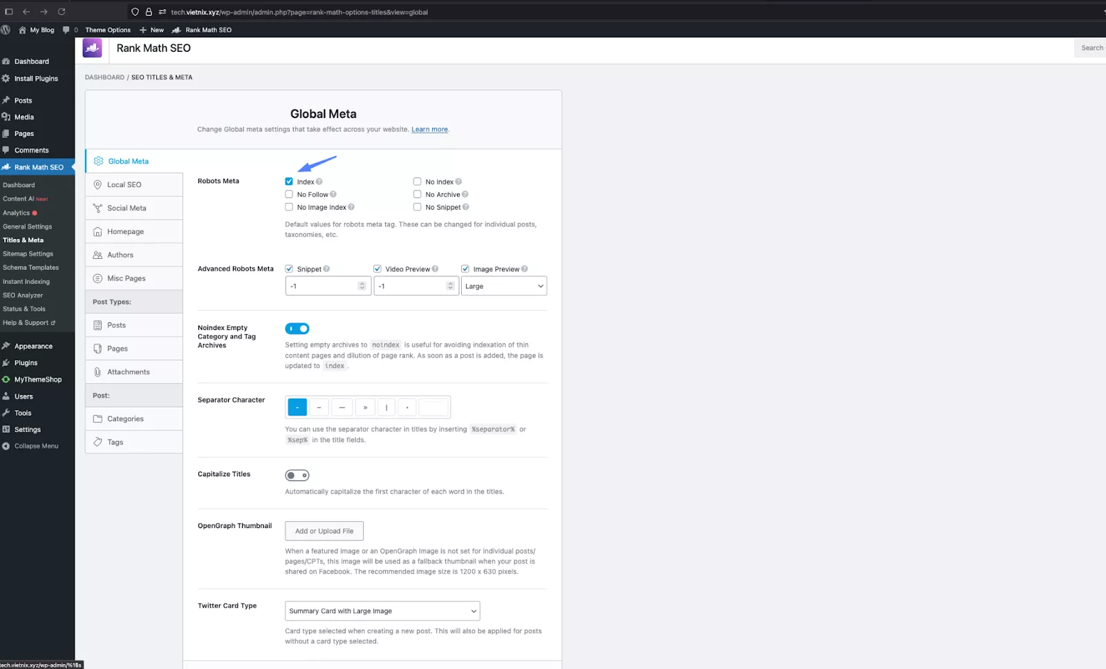 Kiểm tra cài đặt trong Rank Math SEO
