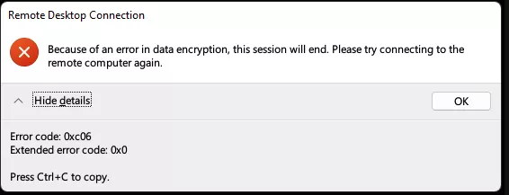 Lỗi Because of an error in data encryption, this session will end