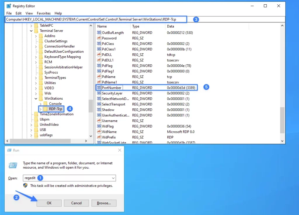 Mở Registry Editor để thay đổi port