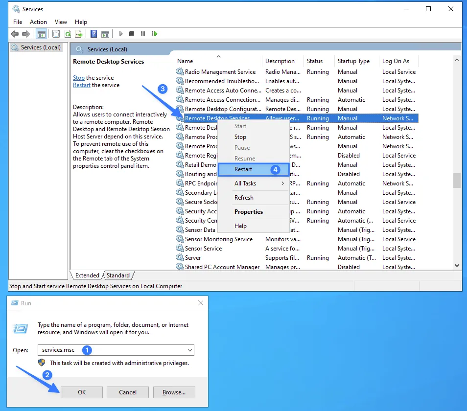 Khởi động lại dịch vụ RDP