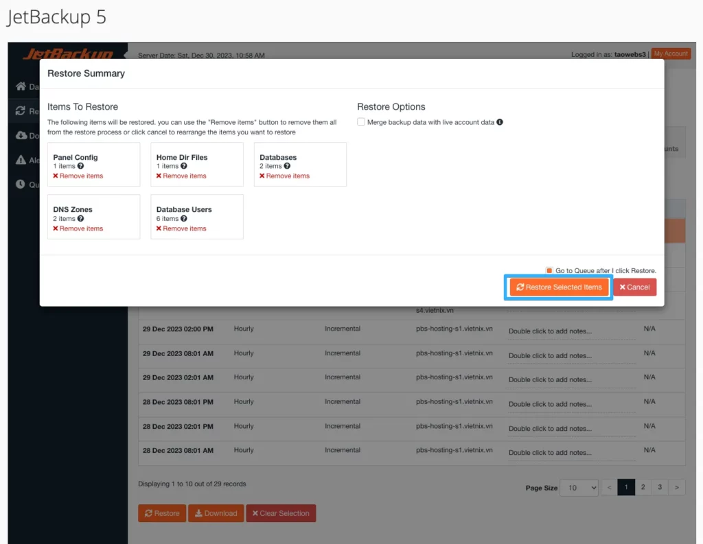  Nhấn Restore Selected Items