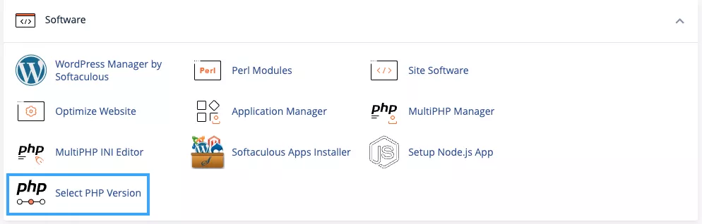 Tìm đến mục Software và chọn Select PHP Version