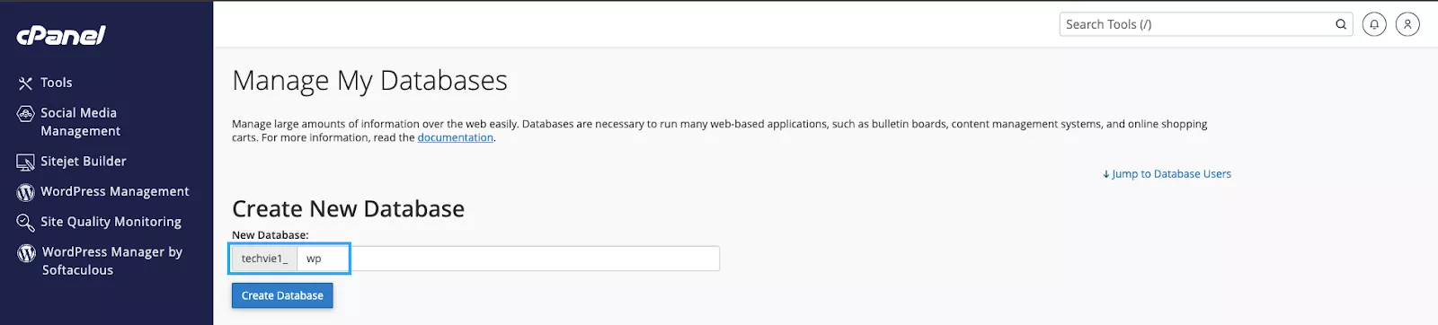 Nhập tên database muốn tạo và nhấn Create Database