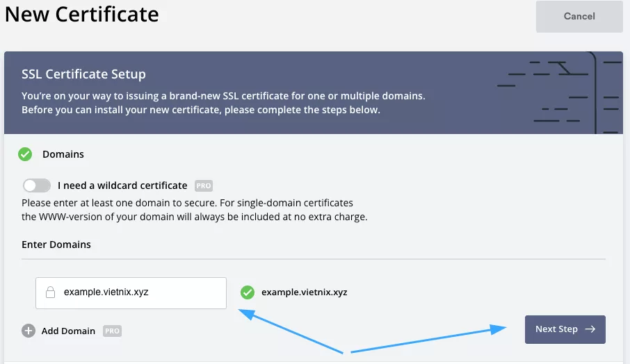 Điền domain và subdomain  