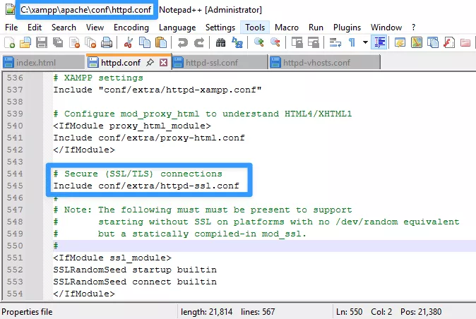 Bỏ dấu thăng ở các dòng theo hướng dẫn Bước 3: Cấu hình file httpd-ssl.conf