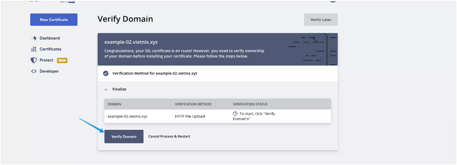 Chọn Verify Domain