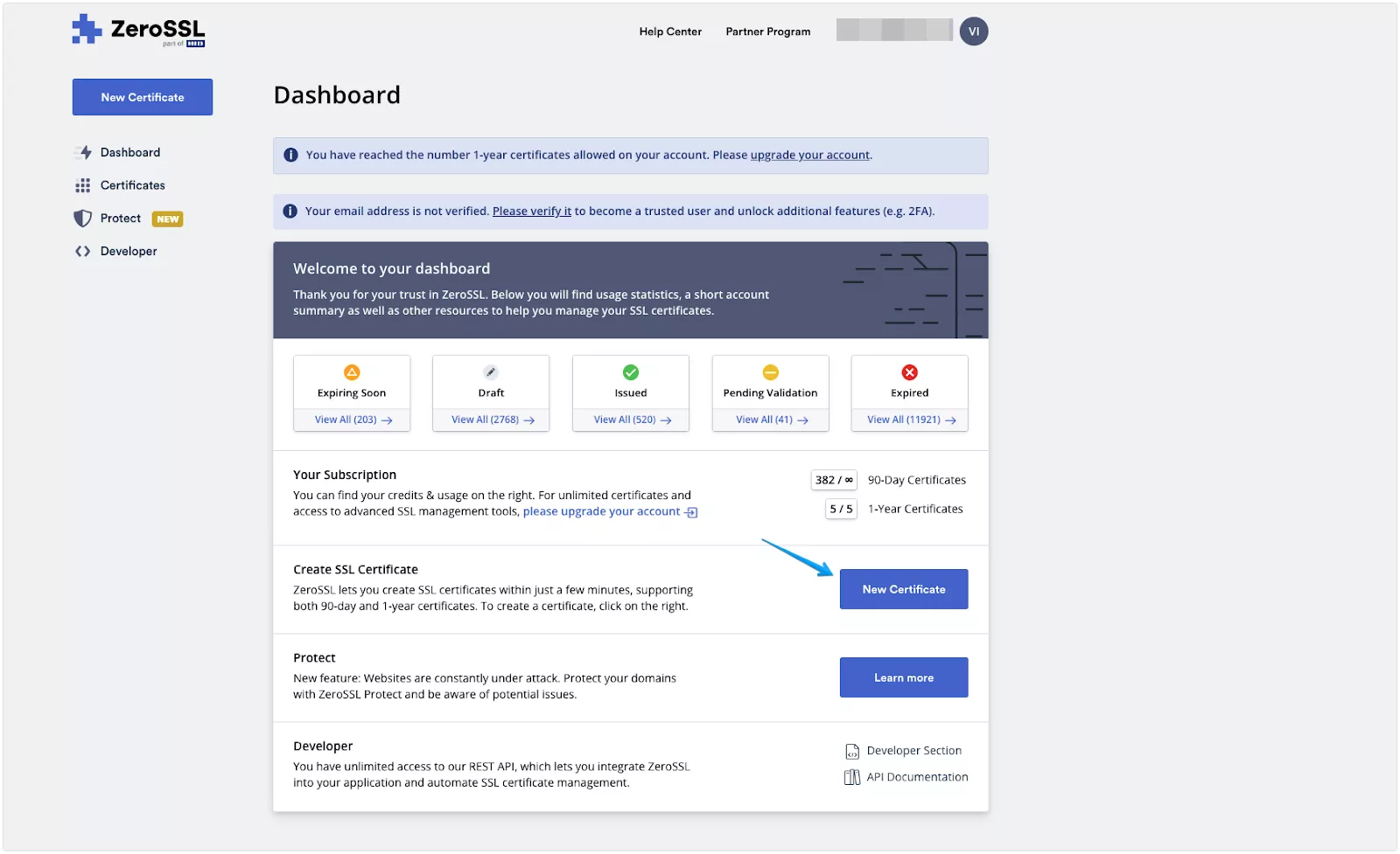 Chọn New Certificate
