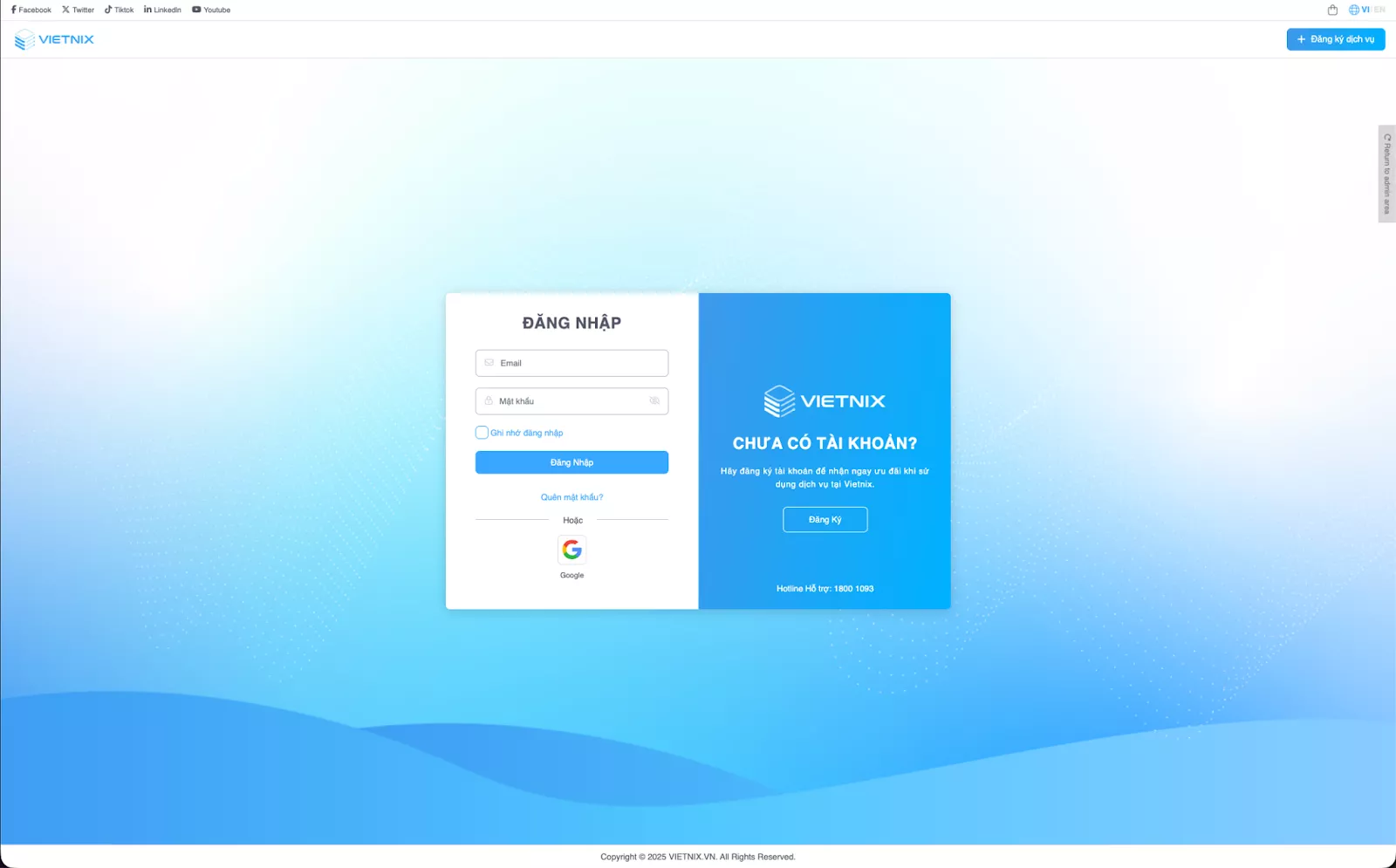 Đăng nhập tài khoản Vietnix