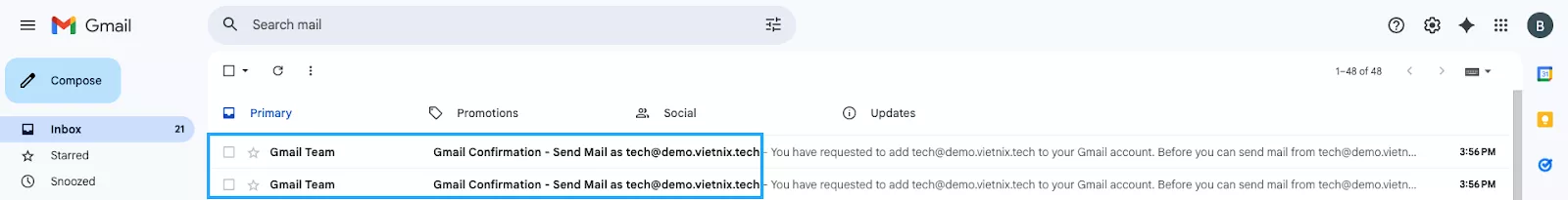 Các email đã được đồng bộ về gmail 