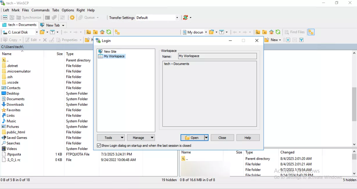 Màn hình quản trị WinSCP