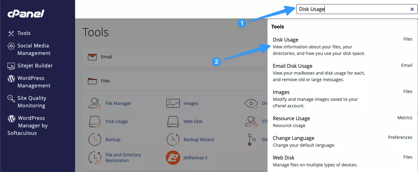 Tại ô tìm kiếm trên cùng của giao diện cPanel, bạn gõ từ khóa Disk Usage