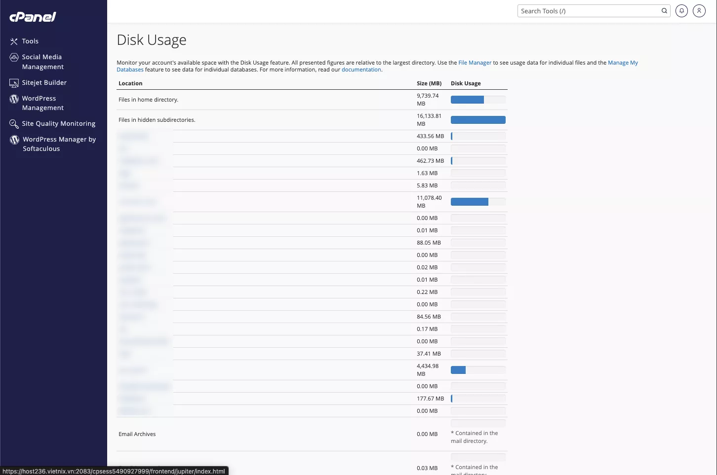Bảng thống kê tổng quan dung lượng đang sử dụng của các file