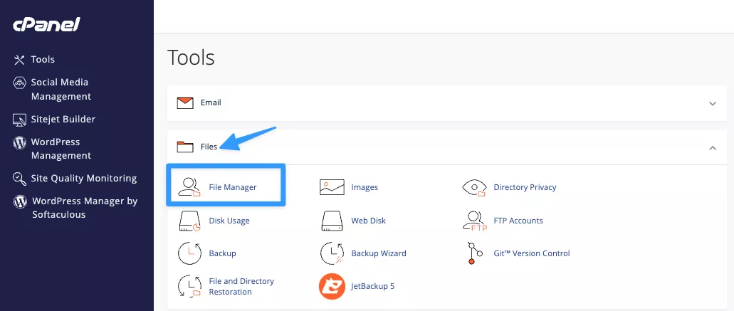 Quay lại trang chủ cPanel và chọn mục File Manager