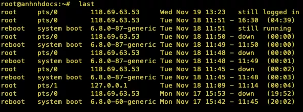 Kiểm tra lịch sử đăng nhập thành công bằng lệnh last 