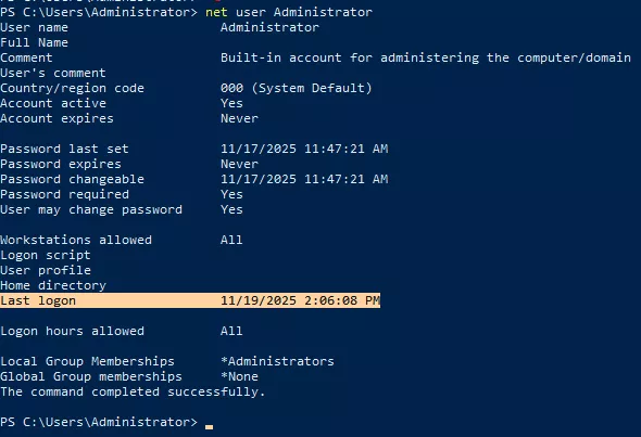 Xác định user nào đăng nhập gần nhất, hữu ích cho audit 