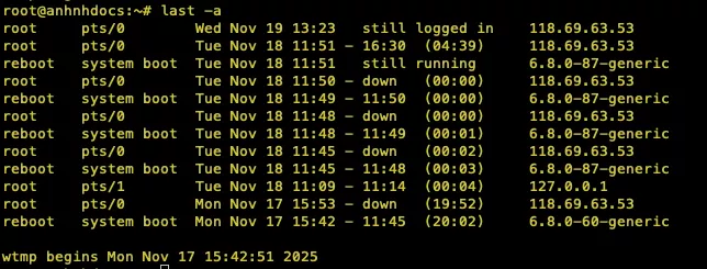 Kiểm tra lịch sử đăng nhập thành công bằng lệnh last 