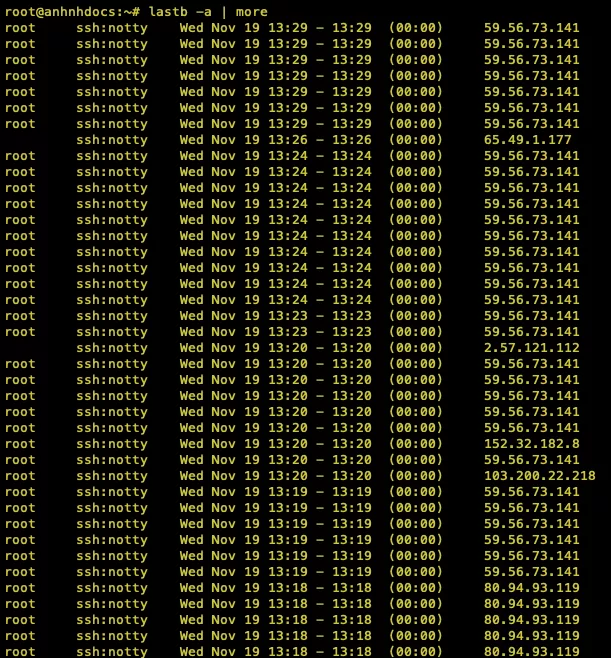 Kiểm tra các lần đăng nhập thất bại với lệnh lastb với địa chỉ IP  