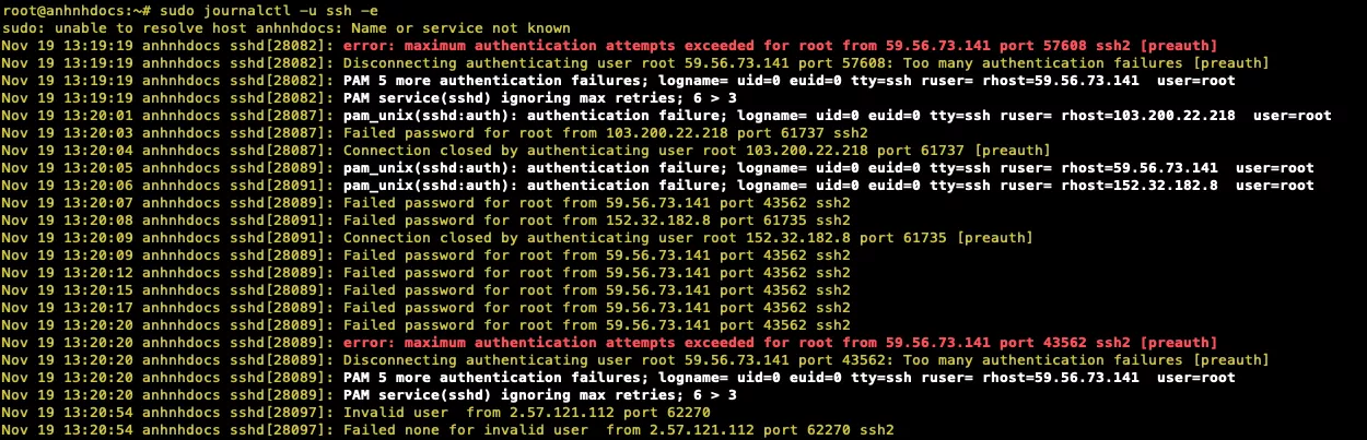 Xem các log cuối cùng liên quan đến dịch vụ SSH  