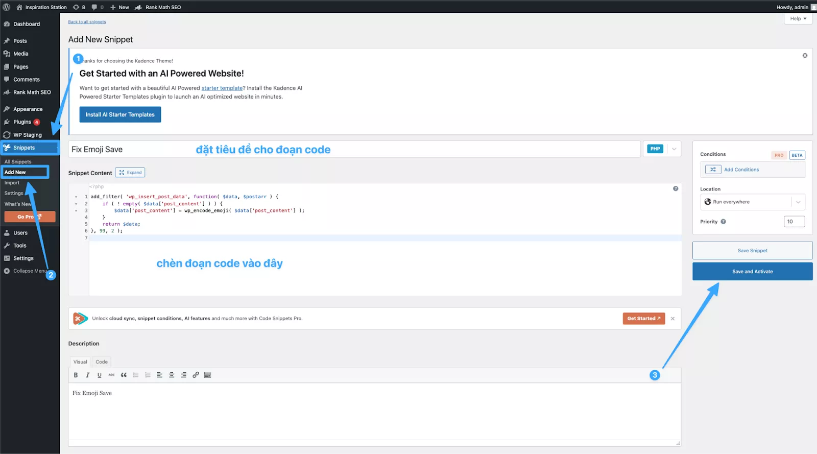 Thêm code trên Snippets 