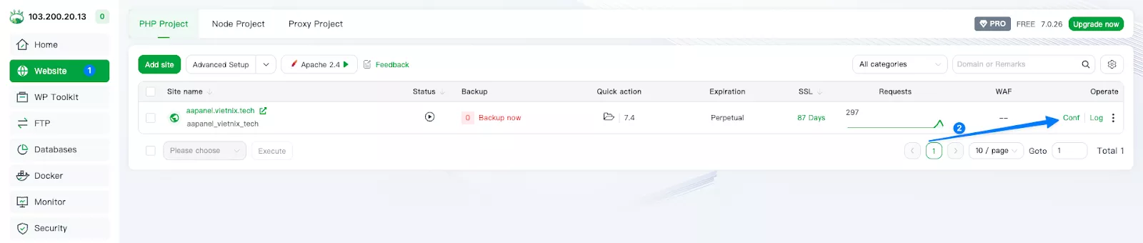 Truy cập Configuration tại website cần cài SSL 