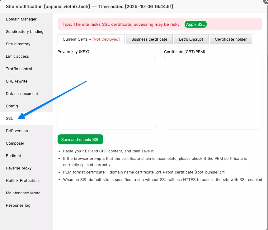 Truy cập vào mục SSL 