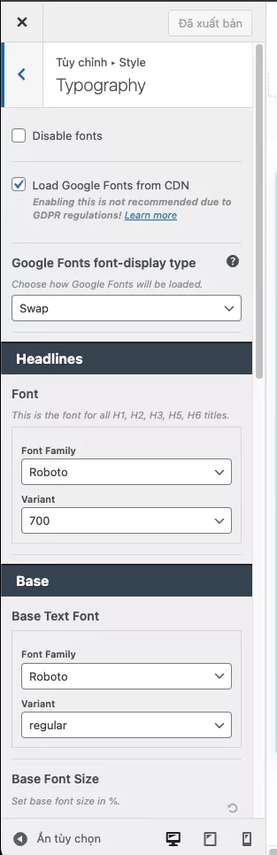 Danh sách chi tiết tùy chọn về kiểu chữ  
