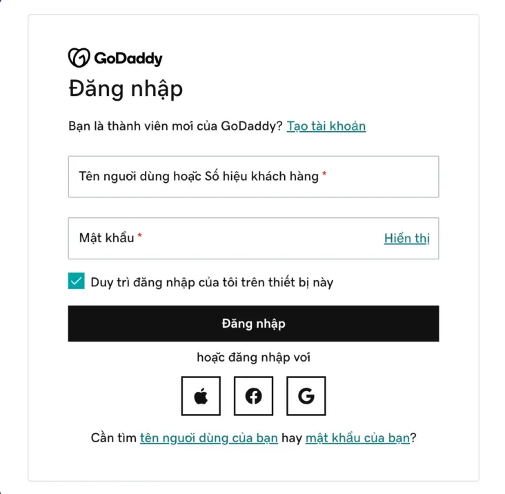 Đăng nhập tài khoản GoDaddy