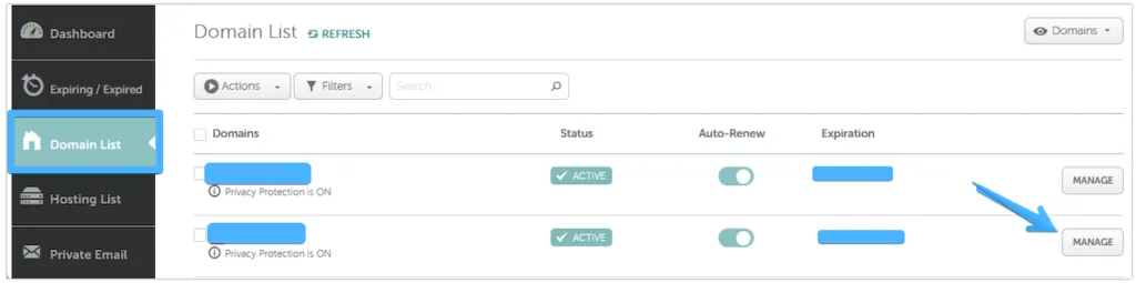 Chọn Domain List và Manage tại tên miền cần trỏ bản ghi A