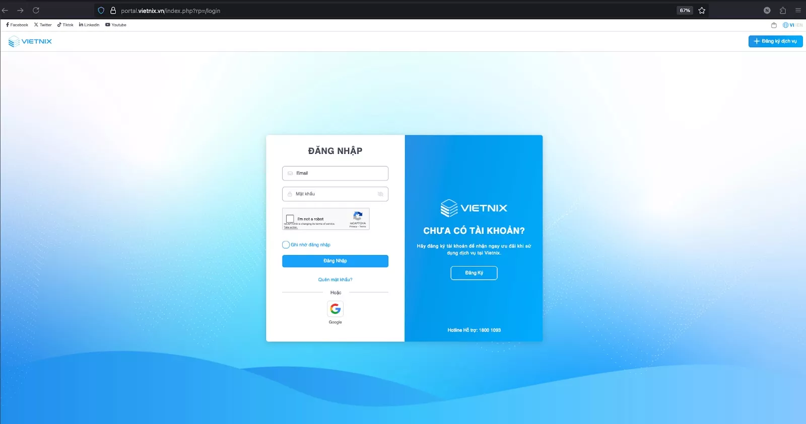 Đăng nhập tài khoản giao diện trang portal của Vietnix