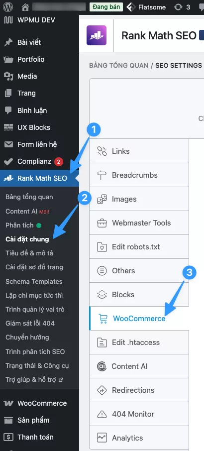 Tab WooCommerce trong General Settings của Rank Math