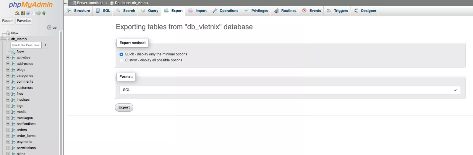 Truy cập tab "Export"