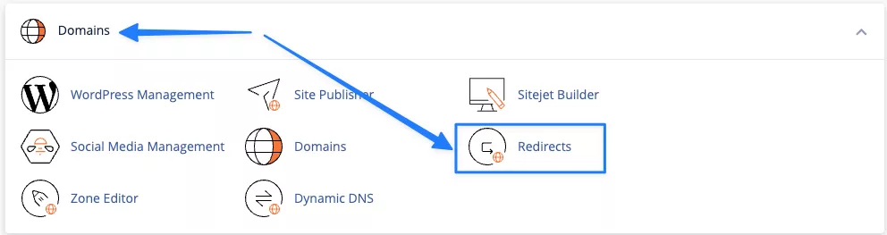 Chọn tính năng Redirects trong mục Domains
