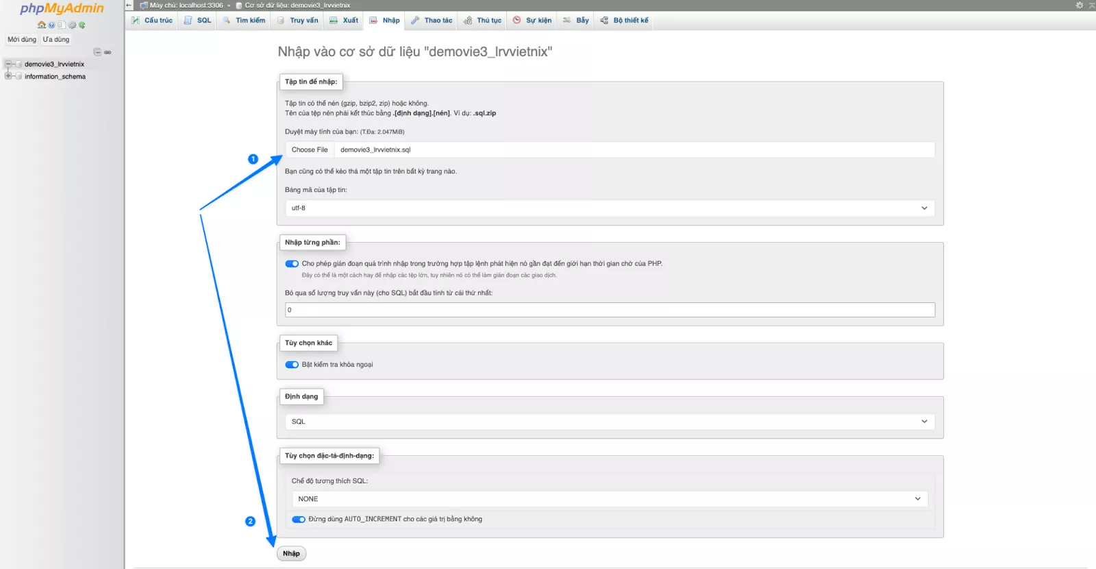 Upload file để import 