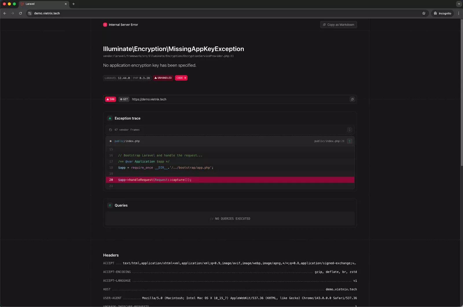 Lỗi “No application encryption key has been specified” 