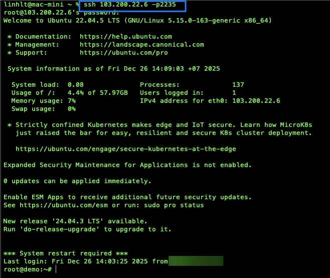 Kiểm tra đăng nhập bằng Port mới