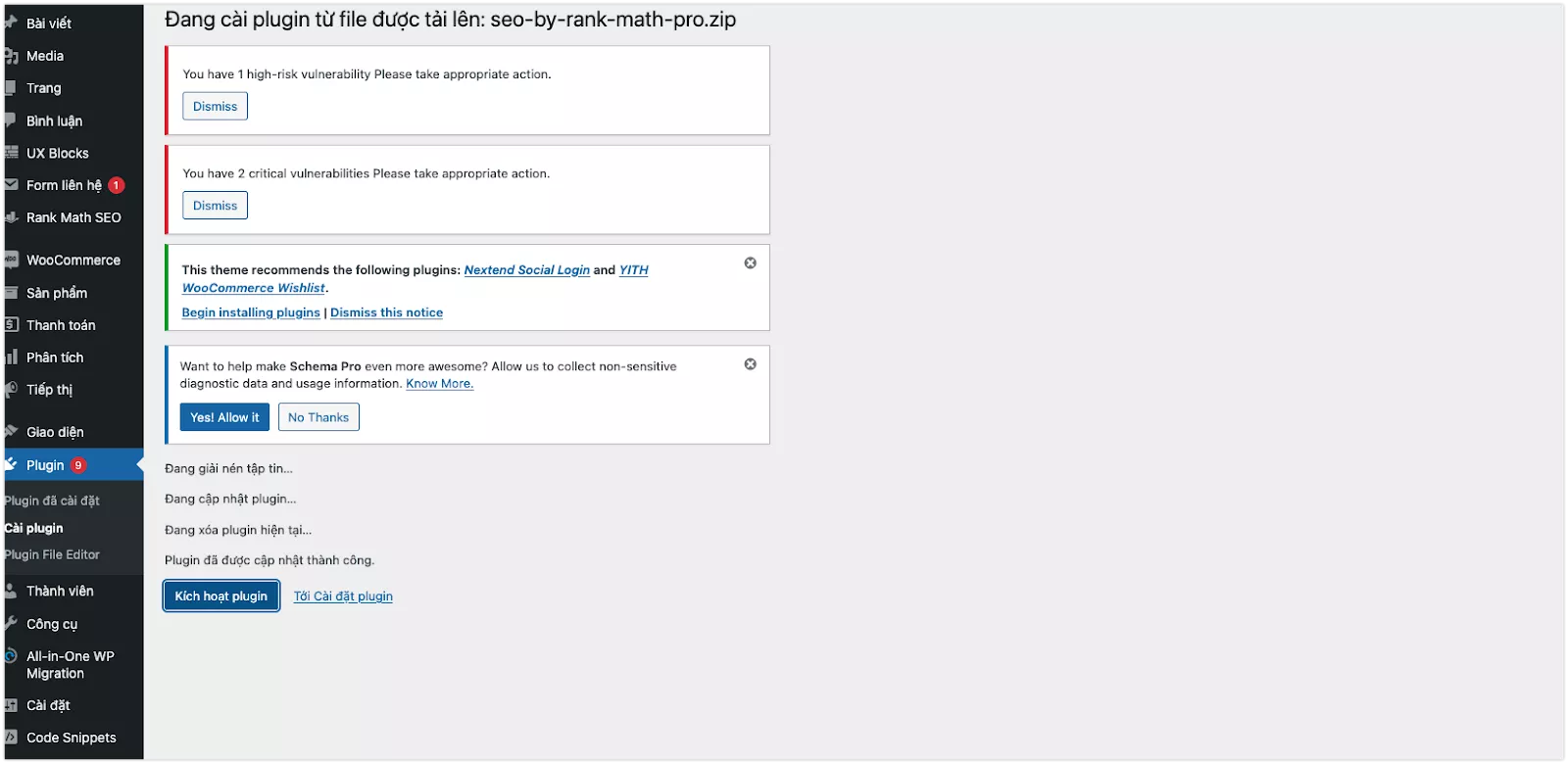 Upload và tiến hành cài đặt Rank Math SEO Pro mới