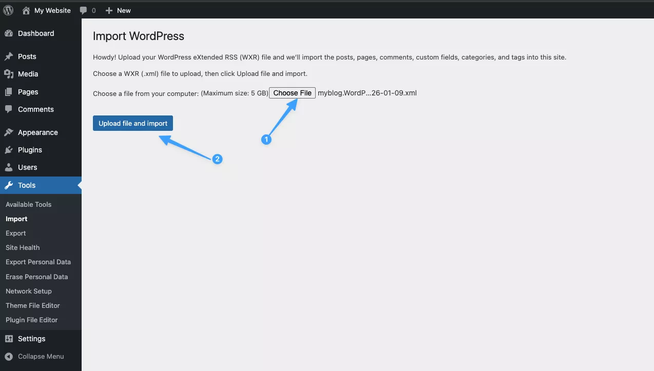 Bấm chọn Upload file and import  