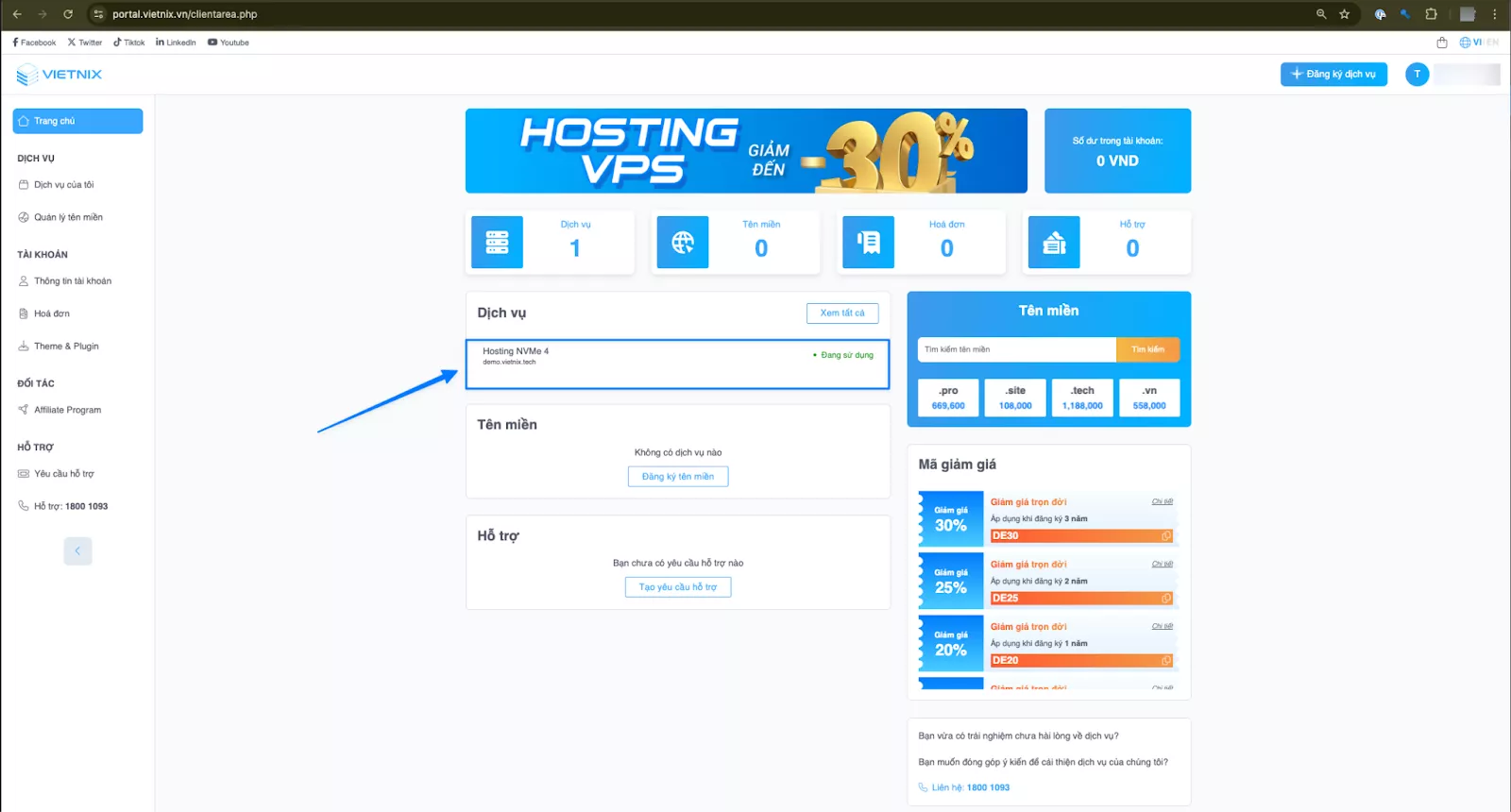 Chọn dịch vụ hosting cần reset mật khẩu 