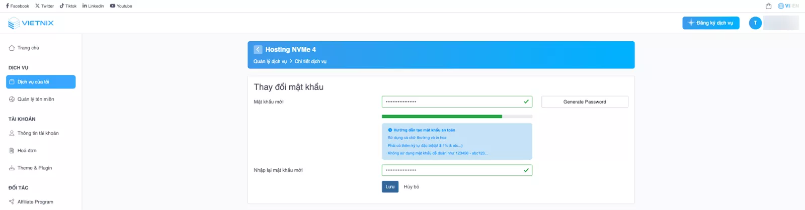 Thiết lập mật khẩu mới 